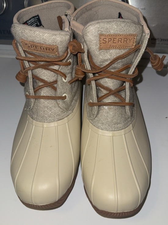 Sperry Shoes - Sperry Beige Wool Cuff Duck Boots with Brown Laces